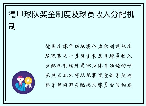德甲球队奖金制度及球员收入分配机制